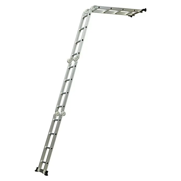 Mehrzweckleiter mit Plattform - Anzahl Tritte: 12 Stk., Arbeitshöhe: 4,3 m, Belastbarkeit: 150 kg, Aluminium - Mehrzweckleiter aus Aluminium, die in verschiedenen Konfigurationen verwendet werden kann und mit rutschfesten Füßen für Stabilität ausgestattet ist.