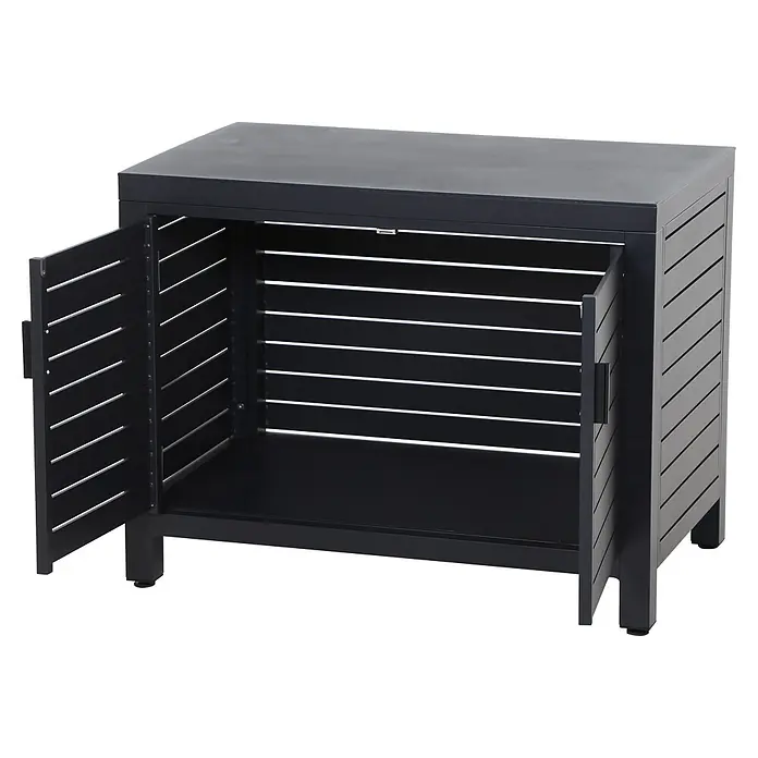 Siena Garden Outdoorküche Texas - 2 -tlg., Anthrazit - Dunkelgrauer Lamellen-Outdoor-Schrank mit zwei geöffneten Türen.
