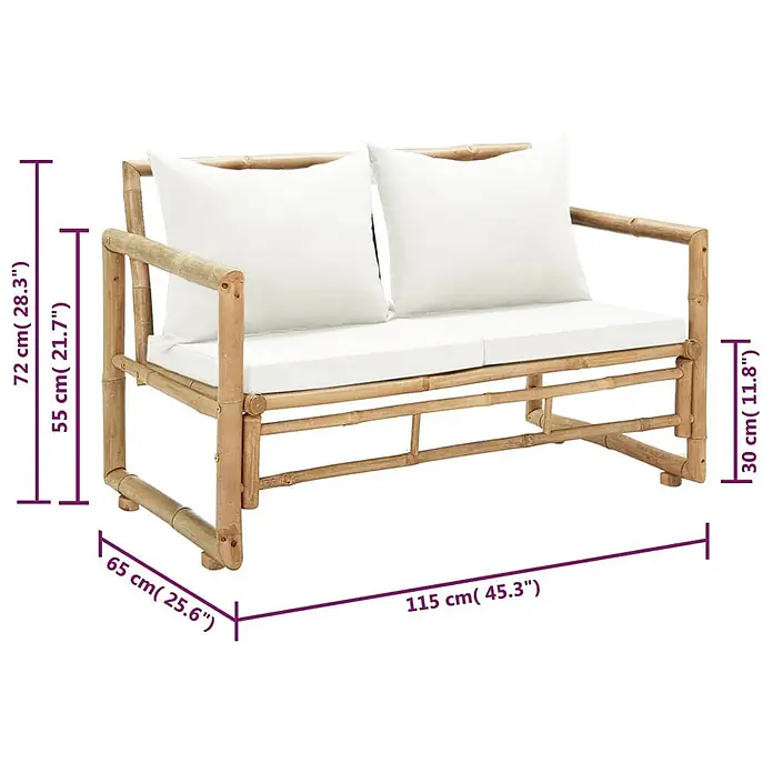 Furnicato Gartenbank Bambus - B x T x H: 115 x 65 x 72 cm, Creme - Bambus-Zweisitzer-Sofa mit weißen Kissen, Maße: 115 cm B x 65 cm T x 72 cm H, Sitzhöhe 30 cm.
