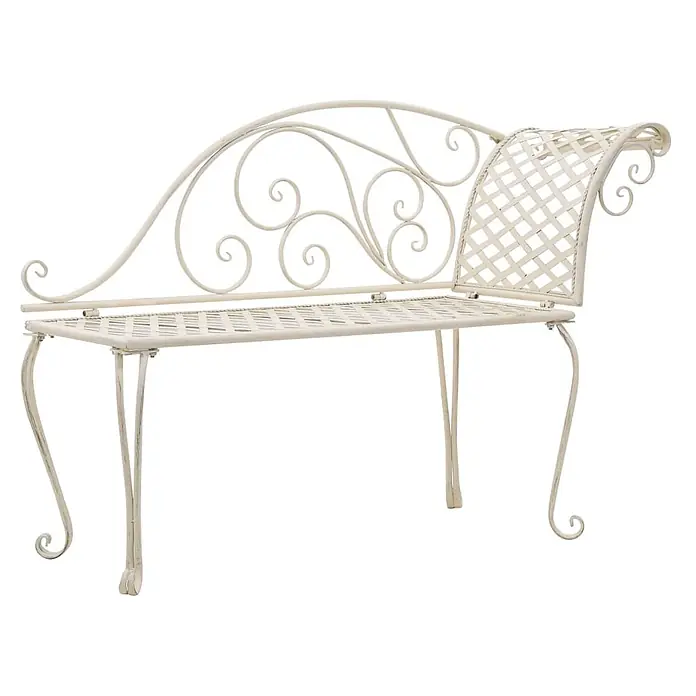 Furnicato Gartenbank Metall Antikweiß - B x T x H: 128 x 46 x 88 cm, Weiß - Verzierte Gartenbank aus cremefarbenem Metall mit geschwungener Lehne und Lattenrostsitzfläche.