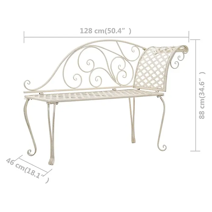 Furnicato Gartenbank Metall Antikweiß - B x T x H: 128 x 46 x 88 cm, Weiß - Creme-farbene, verzierte Metall-Gartenbank mit Schnörkeln, Lattenrostsitzfläche und Maßen.