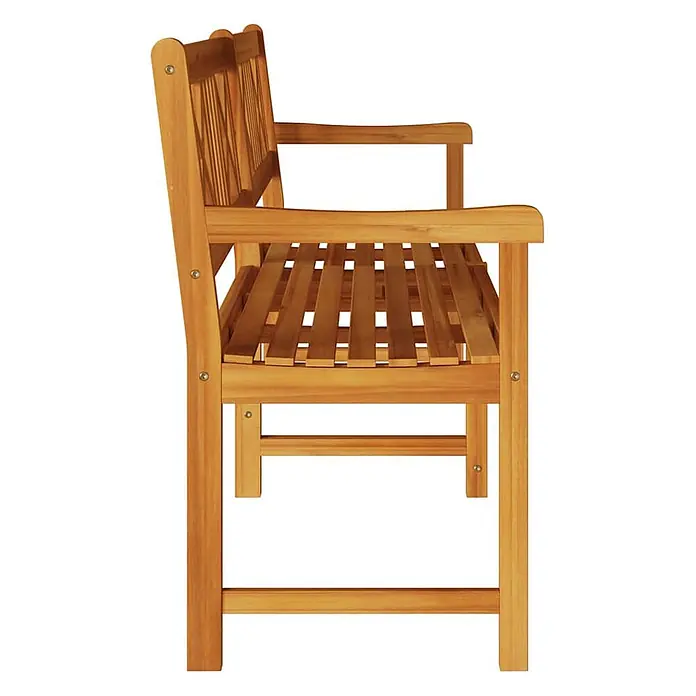 Furnicato Gartenbank - Braun - Hellebraune Holzgartenbank mit Lattenrostsitz und Rückenlehne sowie Armlehnen, von der Seite gesehen.