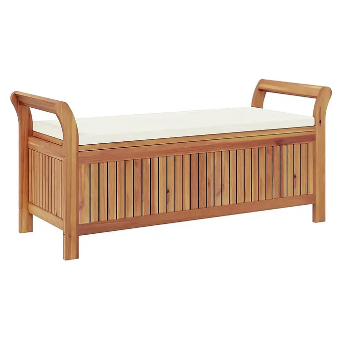 Furnicato Gartenbank Akazien-Massivholz - B x T x H: 50 x 108 x 4 cm, Weiß - Braune Holz-Sitzbank mit Lamellendesign, Armlehnen und weißem Sitzkissen.