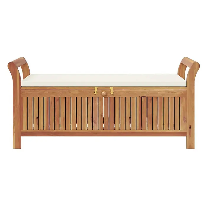 Furnicato Gartenbank Akazien-Massivholz - B x T x H: 50 x 108 x 4 cm, Weiß - Hölzerne Aufbewahrungsbank mit Naturholzfinish, weißem Sitzkissen und Lamellentüren. Seitliche Griffe.