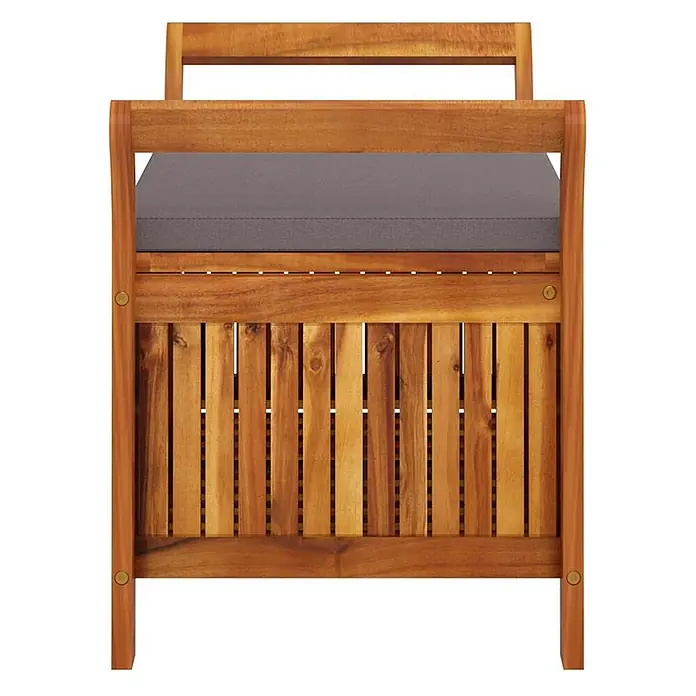 Furnicato Gartenbank Akazien-Massivholz geölt - B x T x H: 50 x 91 x 60 cm, Grau - Vorderansicht einer Aufbewahrungsbank aus natürlichem Akazienholz mit Lattenrost und einem rechteckigen grauen Kissen.