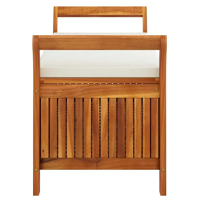 Furnicato Gartenbank Akazien-Massivholz - B x T x H: 50 x 108 x 4 cm, Weiß - Hölzernes Tagesbett aus braunem Akazienholz mit Lattenrost und weißem Kissen.