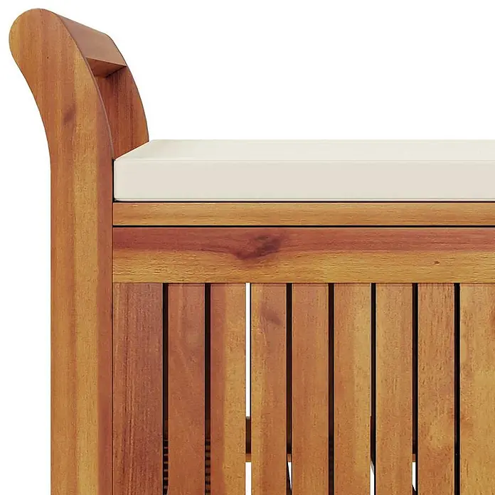Furnicato Gartenbank Akazien-Massivholz - B x T x H: 50 x 108 x 4 cm, Weiß - Seite einer Holzbank mit hellem Kissen. Mit natürlicher Holzmaserung, vertikalen Latten und einem geschwungenen Oberteil.