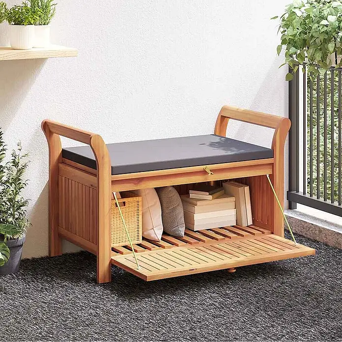 Furnicato Gartenbank Akazien-Massivholz geölt - B x T x H: 50 x 91 x 60 cm, Grau - Hölzerne Outdoor-Sitzbank mit grauer Auflage, vordere Platte offen mit Stauraum für Kissen und Bücher.