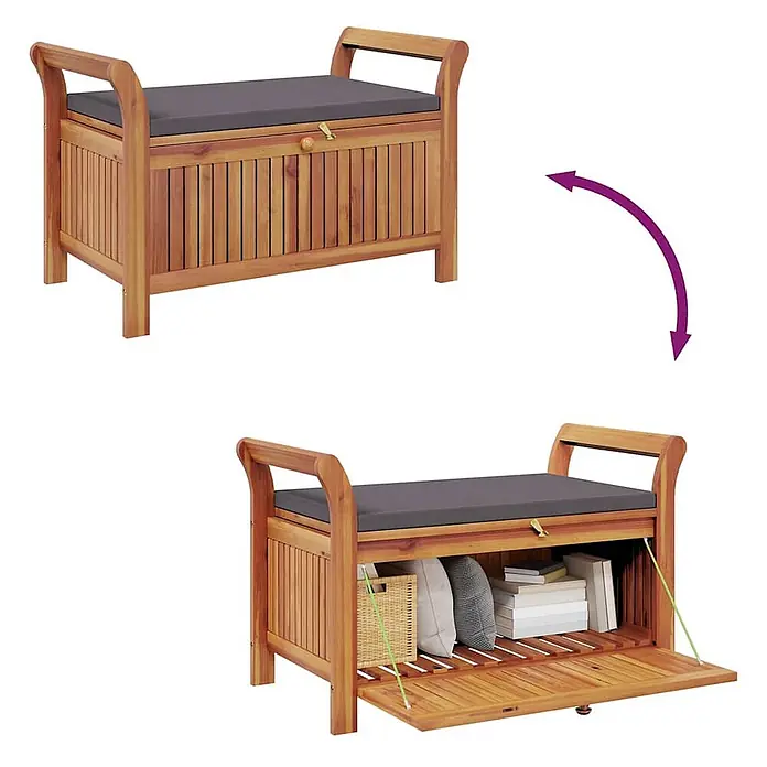 Furnicato Gartenbank Akazien-Massivholz geölt - B x T x H: 50 x 91 x 60 cm, Grau - Holz-Sitzbank mit dunkelgrauem Kissen, geschlossen und mit geöffneter Frontplatte, die Stauraum zeigt.