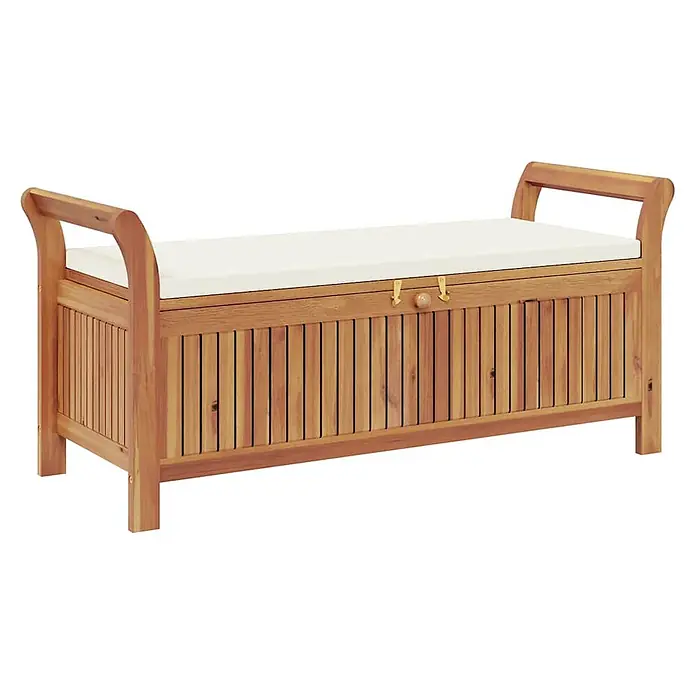 Furnicato Gartenbank Akazien-Massivholz - B x T x H: 50 x 108 x 4 cm, Weiß - Hölzerne Aufbewahrungsbank mit weißem Kissen, mit Lamellen an den Seiten und einer Frontplatte mit Griff.