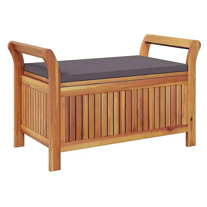Furnicato Gartenbank Akazien-Massivholz geölt - B x T x H: 50 x 91 x 60 cm, Grau - Holz-Truhenbank mit integrierten Griffen und einem dunkelgrauen Kissen zum Sitzen und Verstauen.
