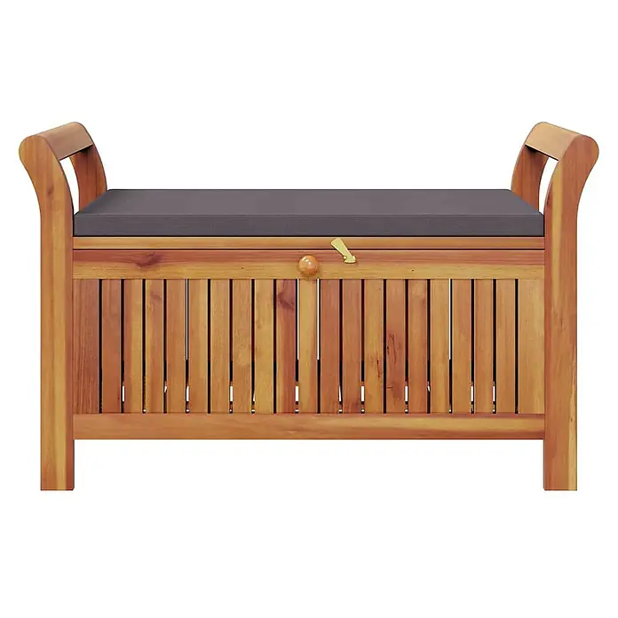 Furnicato Gartenbank Akazien-Massivholz geölt - B x T x H: 50 x 91 x 60 cm, Grau - Hölzerne Aufbewahrungsbank mit dunkelgrauem Kissen, Lattenfront und Holzkugelgriff mit Riegel.