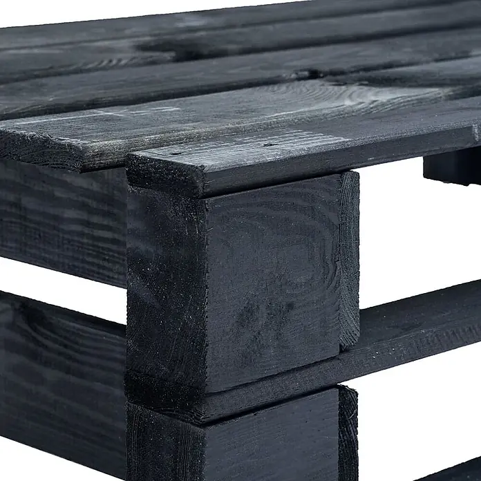 Furnicato Gartenbank Kiefernholz imprägniert - B x T x H: 110 x 65 x 55 cm, Schwarz - Nahaufnahme eines Teils einer schwarzen Holzpalette, die die Planken- und Blockkonstruktion zeigt.