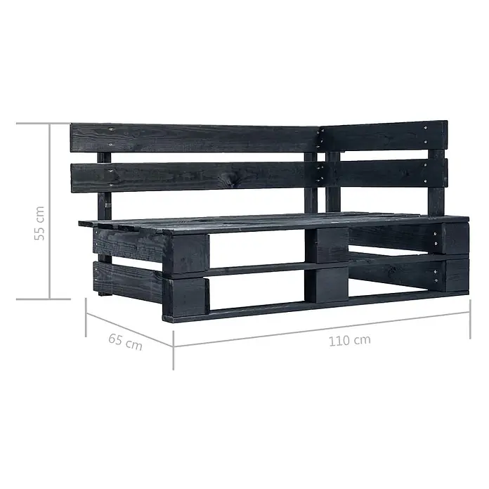 Furnicato Gartenbank Kiefernholz imprägniert - B x T x H: 110 x 65 x 55 cm, Schwarz - Dunkles Paletten-Ecksofa mit Rückenlehne, aus Holz, 110x65x55 cm.