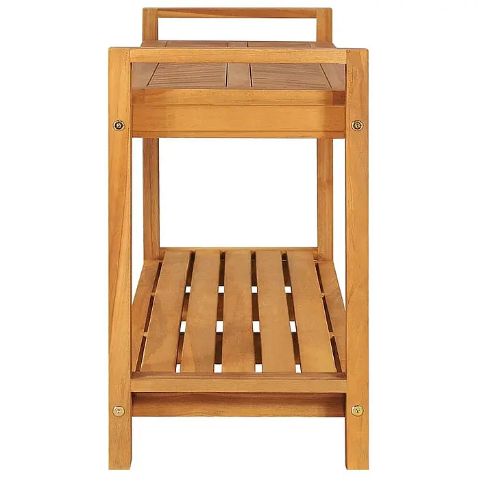 Furnicato Gartenbank Teakholz geölt - B x T x H: 30 x 120 x 50 cm, Braun - Zweistufiges Regal aus hellem Holz mit Lamellenböden und einer oberen Stange.