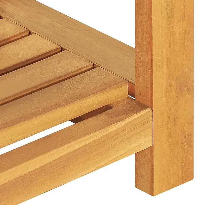 Furnicato Gartenbank Teakholz geölt - B x T x H: 30 x 120 x 50 cm, Braun - Nahaufnahme einer Ecke aus hellem Holz mit Lattenrost, langlebige Konstruktion.