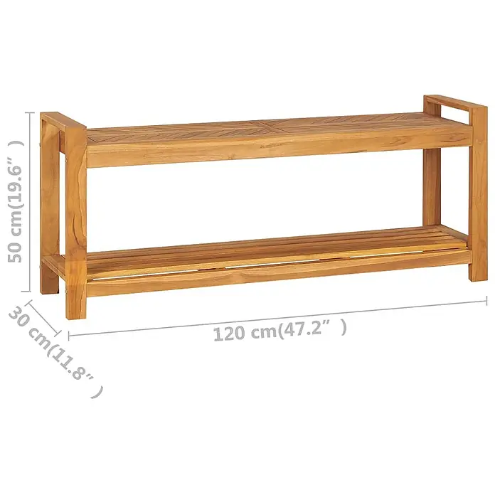 Furnicato Gartenbank Teakholz geölt - B x T x H: 30 x 120 x 50 cm, Braun - Hellbraune Holzbank mit zwei Lattenregalen, 120 cm lang, 50 cm hoch, 30 cm tief.