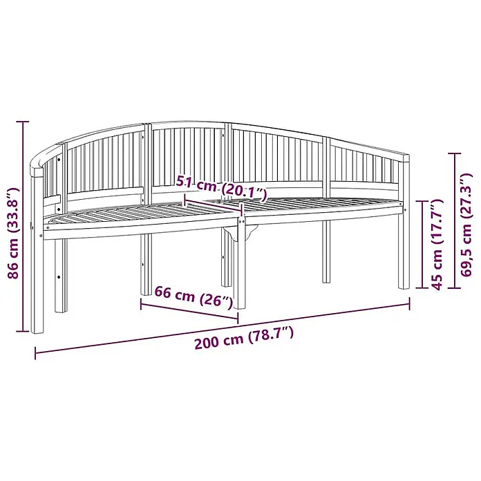 Furnicato Gartenbank Teak-Hartholz - B x T x H: 200 x 66 x 86 cm, Braun - Geschwungene Holzgartenbank mit angezeigten Maßen.