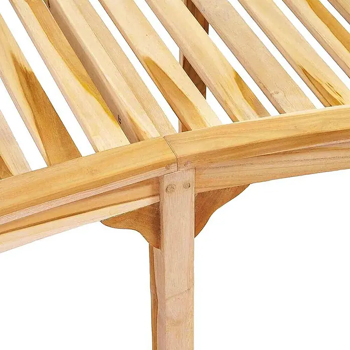 Furnicato Gartenbank Teak-Hartholz - B x T x H: 200 x 66 x 86 cm, Braun - Detail einer Ecke aus hellem Naturholz-Lattenmöbel für den Außenbereich, mit stabilem Bein und Stütze.