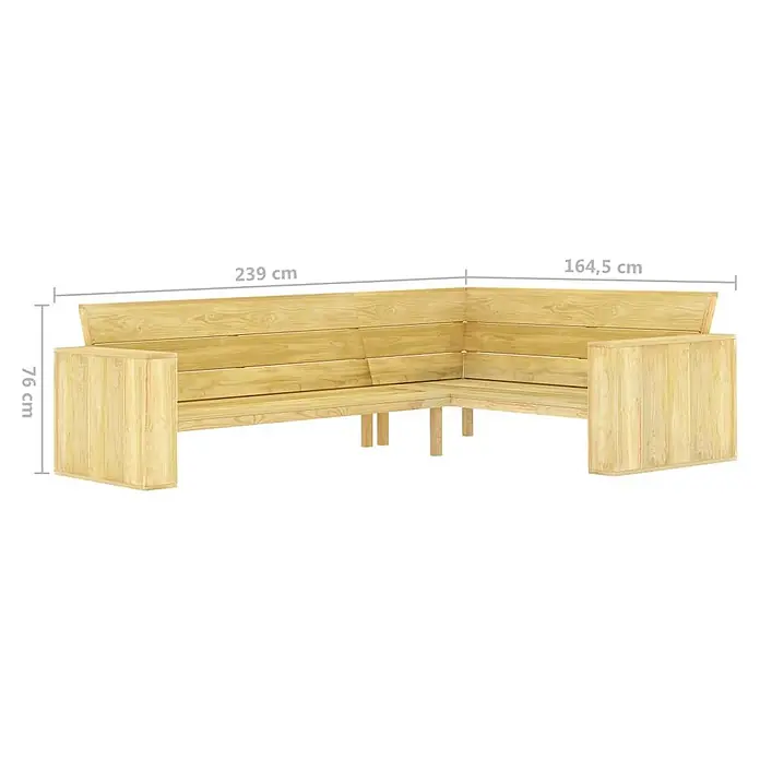 Furnicato Gartenbank Kiefernholz imprägniert - B x T x H: 164,5 x 239 x 76 cm, Braun - L-förmige Garten-Eckbank aus hellem Holz mit Rückenlehne und Armlehnen. Misst 239x164,5x76 cm.