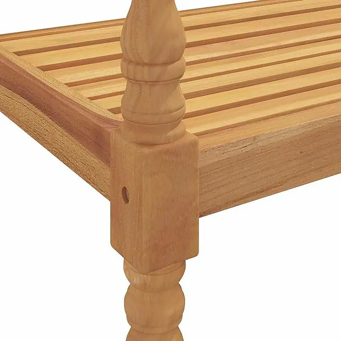 Furnicato Gartenbank Teak-Massivholz - B x T x H: 150 x 51,5 x 84 cm, Braun - Helle Holzlamellenablage mit gedrechseltem Bein, mit sichtbarem Montagebohrloch.