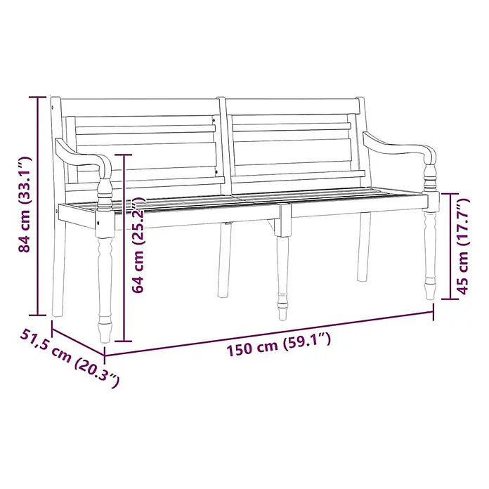 Furnicato Gartenbank Teak-Massivholz - B x T x H: 150 x 51,5 x 84 cm, Braun - Holzgartenbank mit Rückenlehne und Armlehnen, Maßzeichnung.