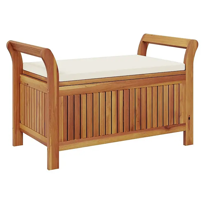 Furnicato Gartenbank Akazien-Massivholz - B x T x H: 50 x 91 x 60 cm, Weiß - Hölzerne Aufbewahrungsbank mit Lamellenwänden und einem cremefarbenen Kissen.