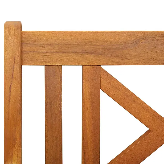 Furnicato Gartenbank Akazien-Massivholz geölt - B x T x H: 56 x 110 x 90 cm, Massivholz Akazie, Braun - Detail einer hellbraunen Rückenlehne aus Holz für einen Stuhl oder eine Bank, mit vertikalen und diagonalen Latten.