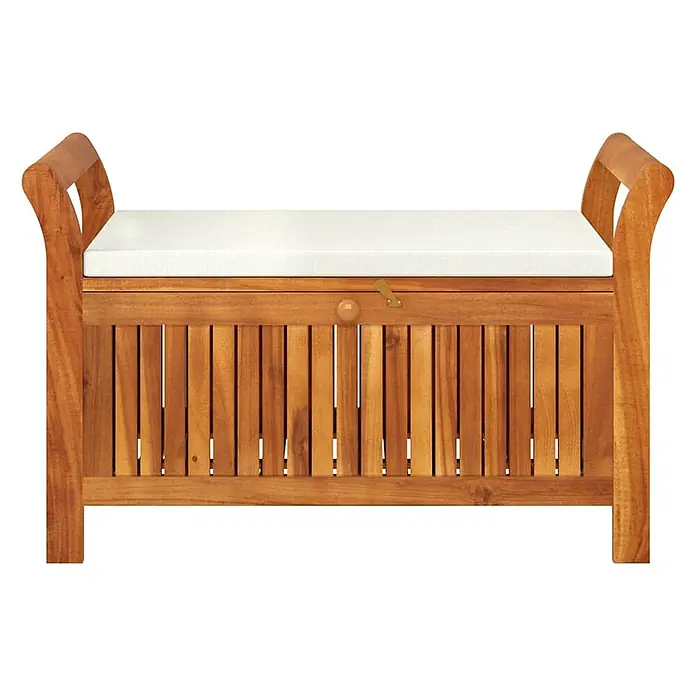 Furnicato Gartenbank Akazien-Massivholz - B x T x H: 50 x 91 x 60 cm, Weiß - Hölzerne Aufbewahrungsbank mit natürlicher Holzoberfläche und einem weißen Polsterkissen.