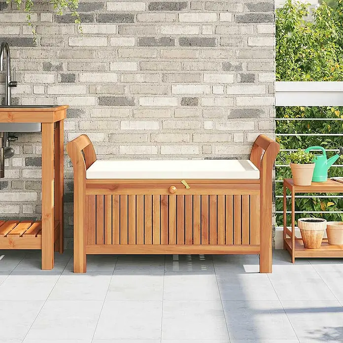 Furnicato Gartenbank Akazien-Massivholz - B x T x H: 50 x 91 x 60 cm, Weiß - Holz-Aufbewahrungsbank mit weißem Kissen, ideal für Terrassen oder Gärten.