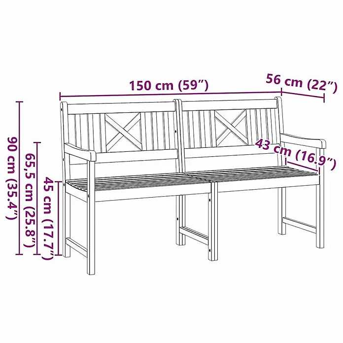 Furnicato Gartenbank Akazien-Massivholz geölt - B x T x H: 56 x 150 x 90 cm, Massivholz Akazie, Braun - Holzgartenbank mit Lattenrost und angezeigten Maßen.