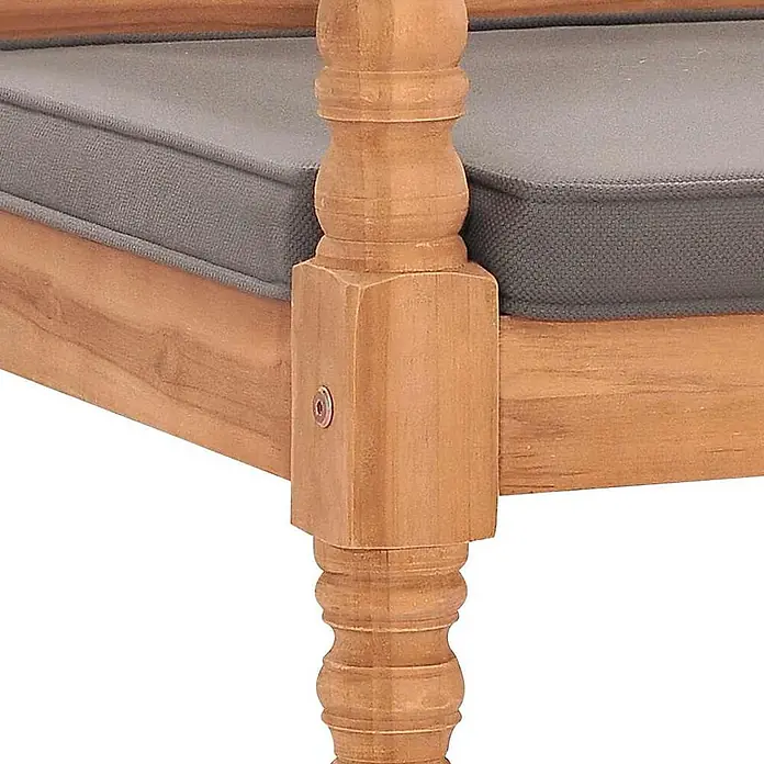 Furnicato Gartenbank Teakholz lackiert - B x T x H: 120 x 51,5 x 84 cm, Dunkelgrau - Holzstuhlbein mit gedrechseltem Design und grauem Sitzkissen.