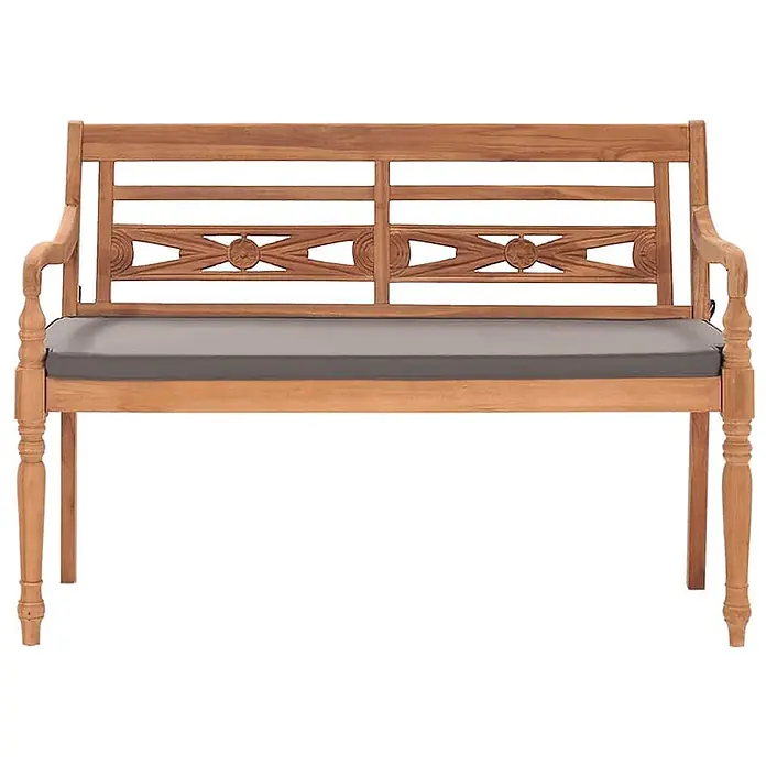 Furnicato Gartenbank Teakholz lackiert - B x T x H: 120 x 51,5 x 84 cm, Dunkelgrau - Holzgartenbank mit dekorativ geschnitzter Rückenlehne, gedrechselten Beinen und grauem Sitzkissen.