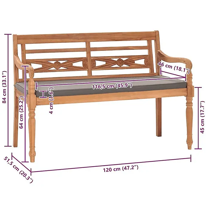 Furnicato Gartenbank Teakholz lackiert - B x T x H: 120 x 51,5 x 84 cm, Dunkelgrau - Holzgartenbank mit grauem Kissen und detaillierten Maßen.