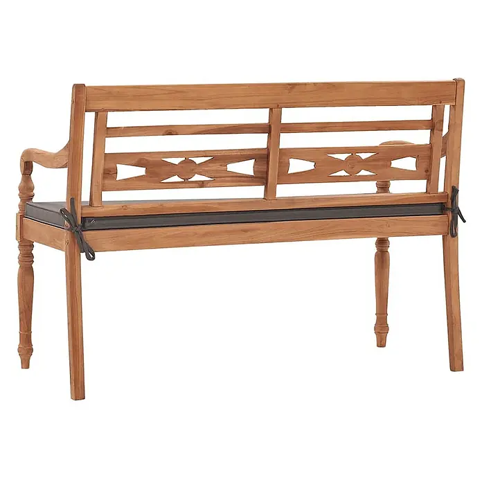 Furnicato Gartenbank Teakholz lackiert - B x T x H: 120 x 51,5 x 84 cm, Dunkelgrau - Gartenbank aus Teakholz mit geschnitzter Rückenlehne und dunkelgrauem Bindekissen.
