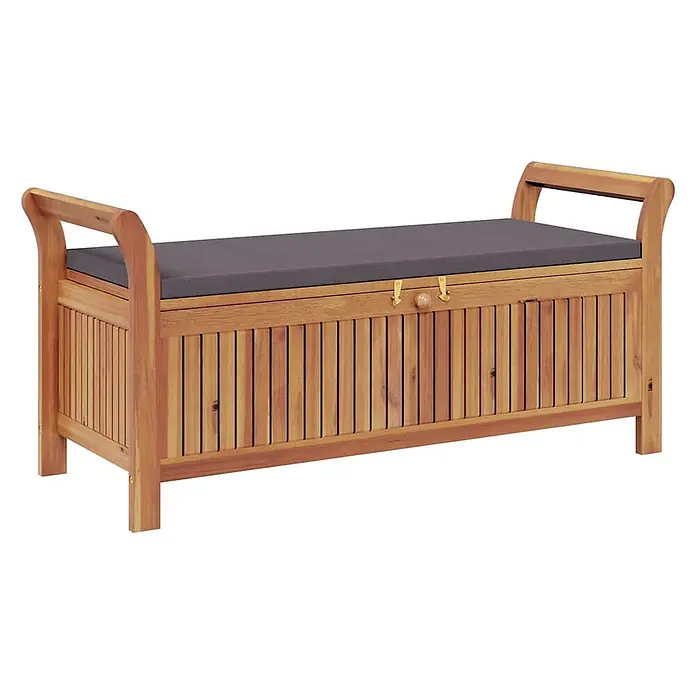 Furnicato Gartenbank Akazien-Massivholz geölt - B x T x H: 50 x 108 x 4 cm, Grau - Holzbank mit Stauraum und dunkelgrauem Kissen, mit Lamellenwänden, Armlehnen und einem Deckel mit Griff und Verschlüssen.