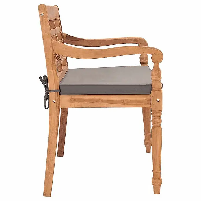 Furnicato Gartenbank Teakholz lackiert - B x T x H: 120 x 51,5 x 84 cm, Dunkelgrau - Holz-Gartensessel mit Armlehnen und grauem Sitzkissen.