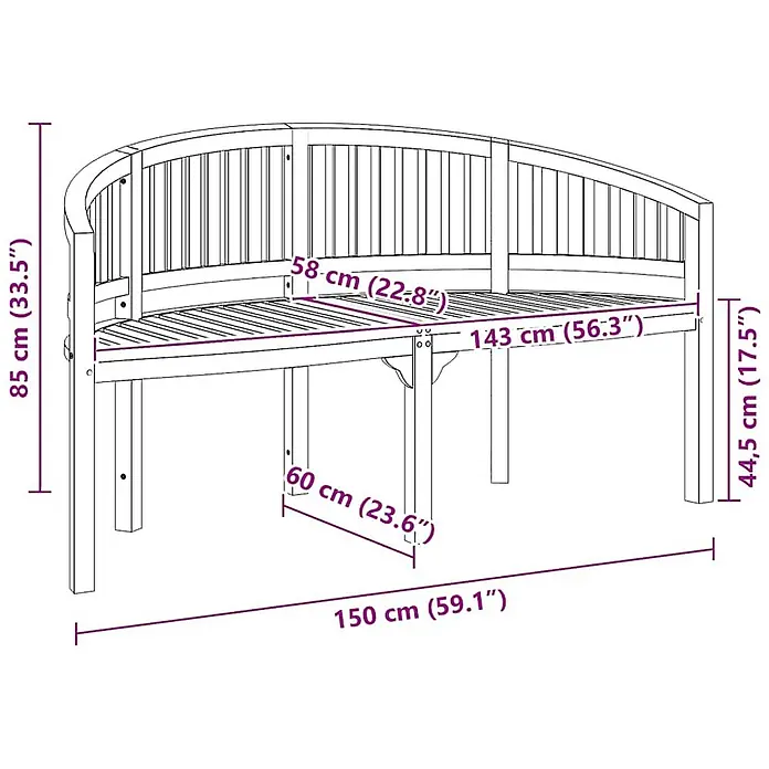 Furnicato Gartenbank Teak-Hartholz - B x T x H: 60 x 151 x 86 cm, Braun - Eine halbrunde Gartenbank aus Holz mit Rückenlehne, detaillierte Abmessungen angezeigt.