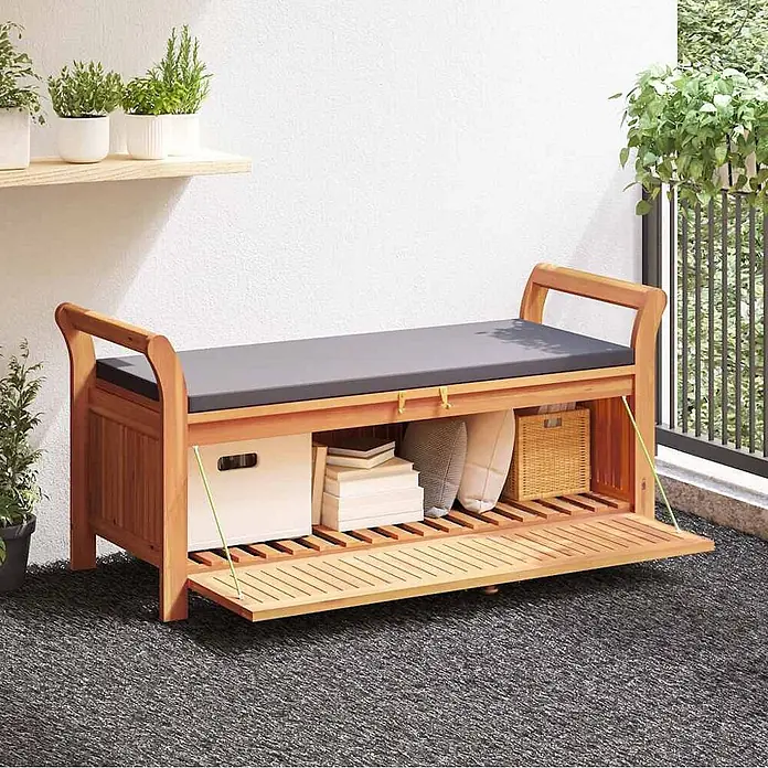 Furnicato Gartenbank Akazien-Massivholz geölt - B x T x H: 50 x 108 x 4 cm, Grau - Holzlagerbank mit grauem Kissen und aufklappbarer Lattenrosttür, ideal für den Balkon.