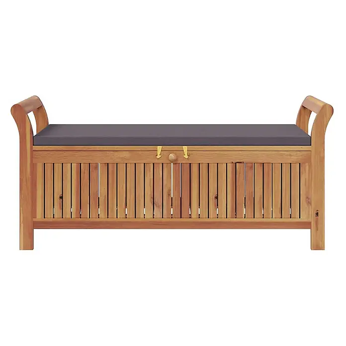 Furnicato Gartenbank Akazien-Massivholz geölt - B x T x H: 50 x 108 x 4 cm, Grau - Braune Holz-Aufbewahrungsbank mit grauem Kissen und Lamellentüren.