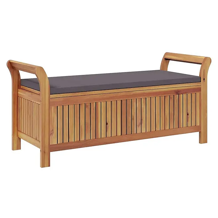 Furnicato Gartenbank Akazien-Massivholz geölt - B x T x H: 50 x 108 x 4 cm, Grau - Hölzerne Aufbewahrungsbank mit Lattenseiten und dunkelgrauem Kissen. Ideal zum Sitzen und Verstauen.