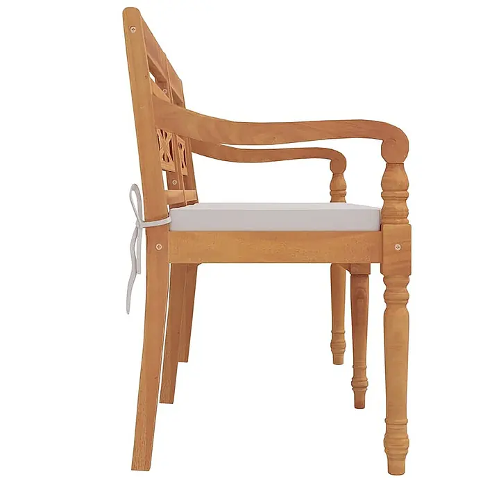 Furnicato Gartenbank Teakholz geölt - B x T x H: 150 x 51,5 x 84 cm, Weiß - Seitenansicht eines hellbraunen Garten-Sessels aus Holz mit weißem Kissen.
