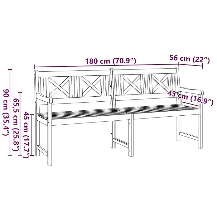 Furnicato Gartenbank Akazienholz geölt - B x T x H: 56 x 180 x 90 cm, Massivholz Akazie, Braun - Strichzeichnung einer Holzgartenbank mit Maßen: 180 cm lang, 90 cm hoch, 45 cm Sitzhöhe und 43 cm Sitztiefe.