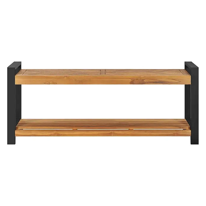 Furnicato Gartenbank - Schwarz - Zweistufiges Holzregal mit dunklem Metallrahmen. Lattenböden oben und unten aus warmgetöntem Holz.