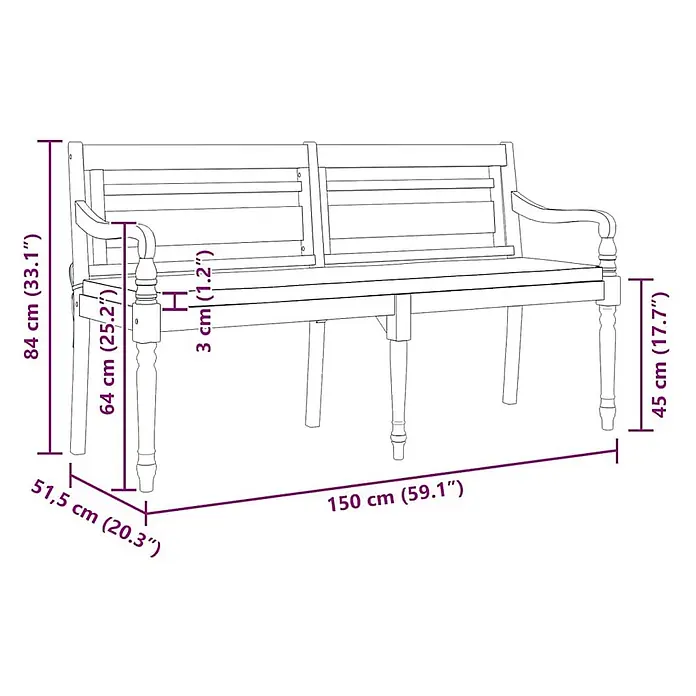 Furnicato Gartenbank Teakholz geölt - B x T x H: 150 x 51,5 x 84 cm, Weiß - Gartenbank aus Holz mit Armlehnen, Maße und Sitzhöhe dargestellt.