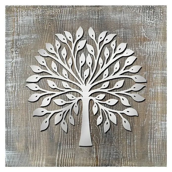 Cuadro Láser Árbol 5 - Tree, An x Al: 40 x 40 cm - Árbol de la vida plateado sobre textura de madera decorativa. Arte mural elegante que aporta un toque de sofisticación a cualquier habitación.