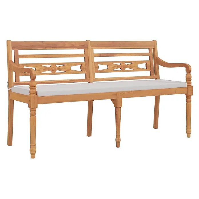 Furnicato Gartenbank Teakholz geölt - B x T x H: 150 x 51,5 x 84 cm, Weiß - Gartenbank aus Holz mit dekorativer Rückenlehne und weißem Kissen für den Außenbereich.