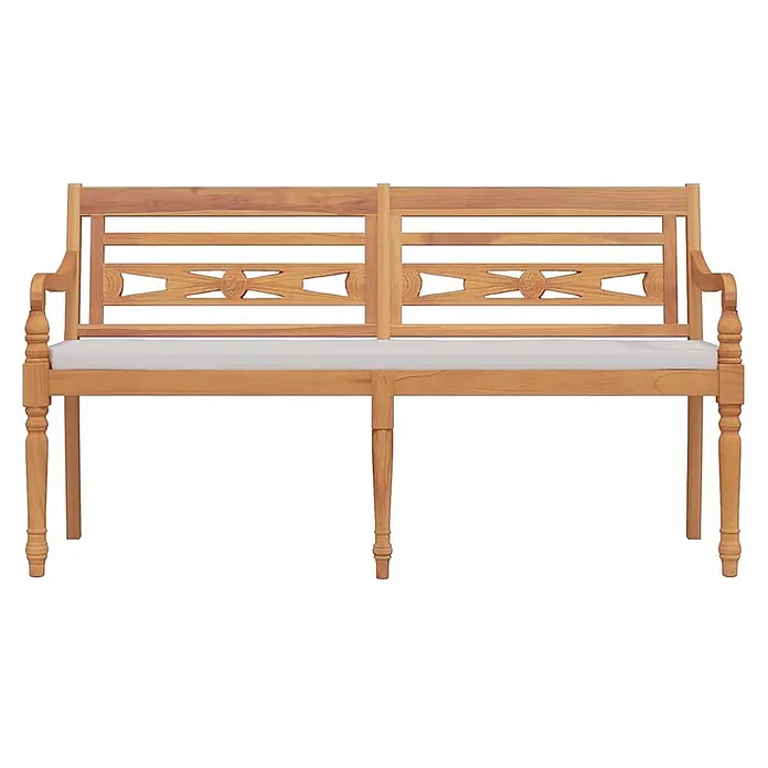 Furnicato Gartenbank Teakholz geölt - B x T x H: 150 x 51,5 x 84 cm, Weiß - Hellbraune Holzgartenbank mit geschnitzter Rückenlehne und weißem Kissen.