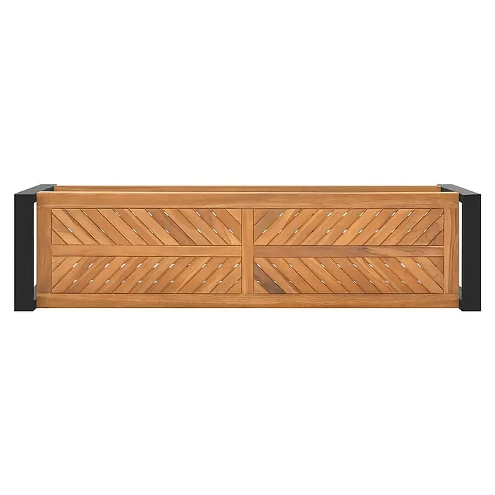 Furnicato Gartenbank - Schwarz - Brauner Holz-Pflanzkasten mit diagonalen Holzlatten und schwarzen Metallrahmen.