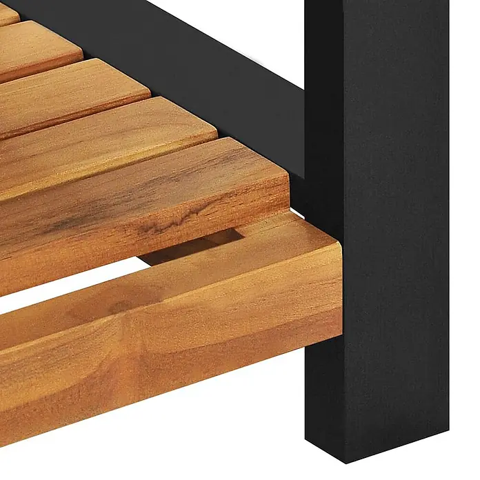 Furnicato Gartenbank - Schwarz - Nahaufnahme eines Möbeldetails mit braunen Holzlatten, die mit einem schwarzen Metallrahmen verbunden sind.